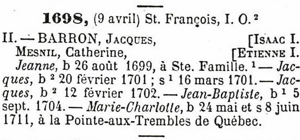 1698 census for Jacques Barron and Catherine Mesny family